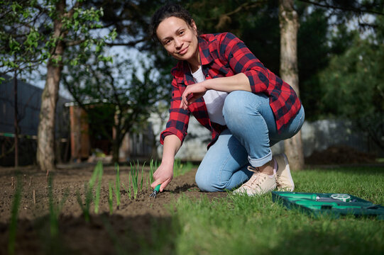 Middle-aged cute woman gardener smiles looking at camera while loosening black soil with a gardening rake. Horticulture, hobby and leisure activity