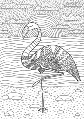 Flamingo vector coloring page. Hand drawn coloring with cute sea landscape and flamingo.