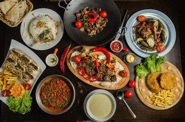 Arabic food dishes kebab, dolma, kafta, mansaf, saj with lamb, shawarma Turkish and Arabic...