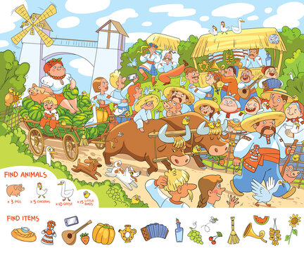Find animals and find hidden objects in the picture. Festival in ethnic Slavic style. Ukrainian Country Fair. Funny cartoon characters. Colorful vector illustration