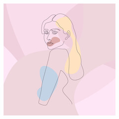 Simple art with woman silhouette in continuous line style. Modern hand-drawn illustration of linear female profile on pink spotty background.