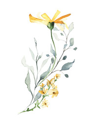 Watercolor bouquet with yellow, turquoise wild flowers, branches, leaves, twigs. Hand drawn floral illustration - obrazy, fototapety, plakaty