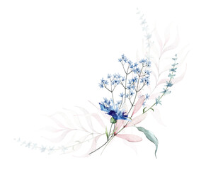 Watercolor bouquet with wild pink and blue flowers, branches, leaves, twigs. Hand drawn floral illustration