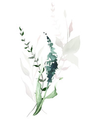 Watercolor bouquet. Wild garden blue flower, green branches, leaves, twigs. Hand drawn floral illustration