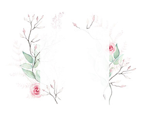 Watercolor painted floral square frame on white background. Green, turquoise and pink flowers, branches.