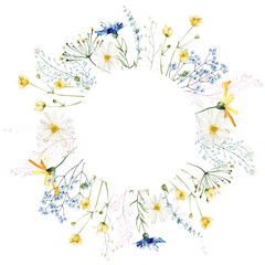 Naklejka na ściany i meble Watercolor painted floral round frame on white background. Blue and yellow wild flowers, branches, leaves and twigs.