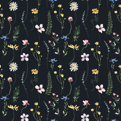 Watercolor floral seamless pattern. Yellow chamomiles, blue cornflowers, violet, pink wild flowers on black background.