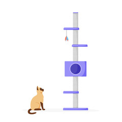 Cat tree with scratching posts. Siamese cat sharpens claws on cat tower. Cat playground and house with claw sharpeners. Flat style vector