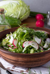 Salad with Chinese cabbage, cucumbers, radishes and chives, dressed with olive oil