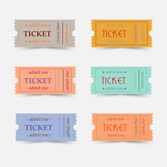 set of 6 colorful tickets with classic and retro fonts