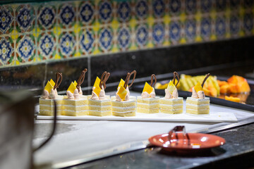 Sponge cakes decorated with cream and chocolate pattern are laid out in a row on marmite.Desserts on the buffet at the hotel.Self-service in a restaurant.Selective focus on mouth-watering mini-cakes