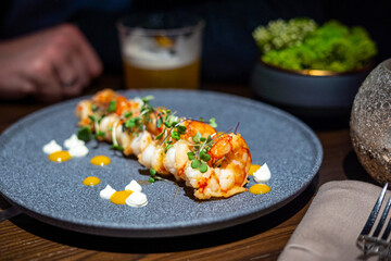 Grilled Honey Soy Shrimp on the Plate in the Luxury Restaurant, Healthy Dinner Concept