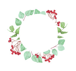 watercolor illustration of a round frame in Scandinavian style with eucalyptus branches and red berries; for stickers, labels, gifts
