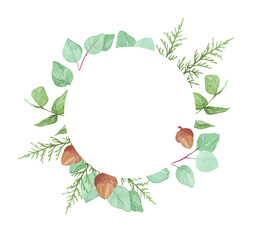 watercolor illustration of a round frame in Scandinavian style with eucalyptus branches and acorns; for stickers, labels, gifts