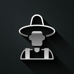 Silver Farmer in the hat icon isolated on black background. Long shadow style. Vector