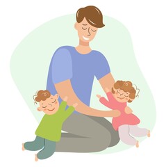 Obraz na płótnie Canvas Caring father plays with children. Happy family. The upbringing and care of children. Flat style in vector illustration. Isolated faces. Father with son and daughter. Father's day greeting card.