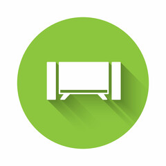 White Smart Tv icon isolated with long shadow background. Television sign. Green circle button. Vector