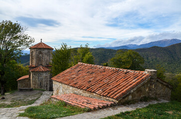 Stone church with tiled roof of the Nekresi Orthodox monastery in Alazani valley, Georgia
