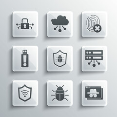 Set System bug, Browser incognito window, Server, Data, Web Hosting, Shield with WiFi wireless, USB flash drive, Cyber security and Cancelled fingerprint icon. Vector