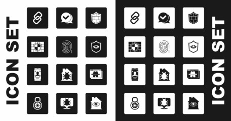 Set Shield with brick wall, Fingerprint, Chain link, and eye, Check mark speech bubble, Browser incognito window and Mobile face recognition icon. Vector