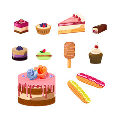 Strawberry cake, cupcake, cake with berries, eclair and macaroon