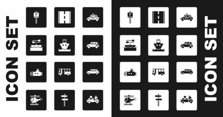 Set Taxi car, Cargo ship, Boat with oars, Parking, Hatchback, Road, and Submarine icon. Vector