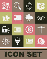 Set Bitcoin, Pickaxe, circuit, the target, Credit card with bitcoin, Piggy bank, Cryptocurrency exchange and cloud mining icon. Vector