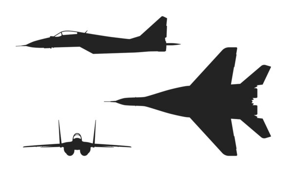 mig 29 fighter jet. side and front view. air force and army symbol. isolated vector image for military concepts