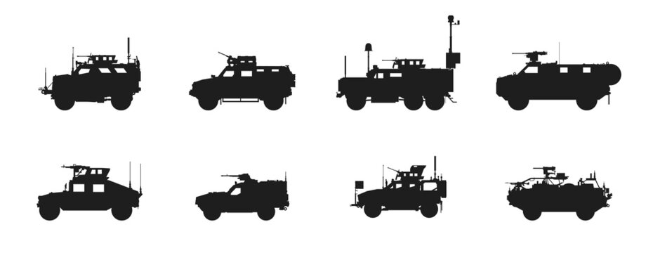 armored military vehicles set. mine resistant ambush protected vehicles. isolated vector image for military concepts