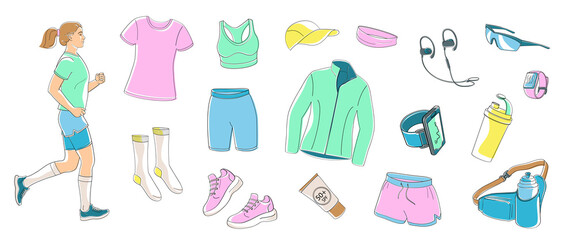 Women running and set elements about jogging in summer time, sportswear, stopwatch, sneakers, tracker, water bottle, headphones, sunglasses, cap, sunscreen