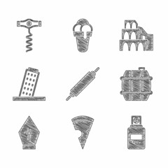 Set Rolling pin, Slice of pizza, Perfume, Barrel for wine, Pope hat, Tower Pisa, Coliseum Rome and Wine corkscrew icon. Vector