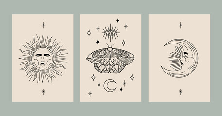 Sun and two moon with faces. Celestial design.