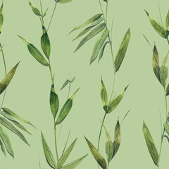 Watercolor illustration of bamboo leaves and twigs. The ornament is in a seamless pattern, delicate. light green. Design for fabric, textiles, wallpaper, scrap, paper, print.