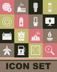 Set Lightning bolt, Earth globe and leaf, LED light bulb, Battery, Power button, Global energy power planet and icon. Vector