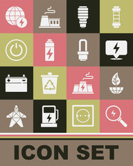 Set Lightning bolt, Earth globe and leaf, LED light bulb, Battery, Power button, Global energy power planet and icon. Vector