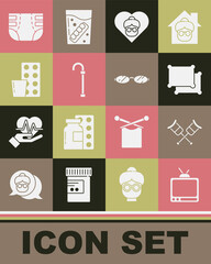 Set Retro tv, Crutch or crutches, Pillow, Grandmother, Walking stick cane, Pills blister pack, Adult diaper and Eyeglasses icon. Vector