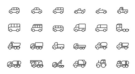 road transport line icon set. automobile and vehicle symbols. isolated vector images