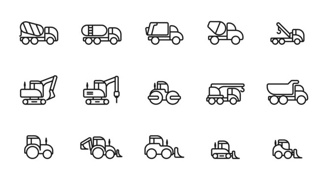 heavy construction machinery line icon set. road working cars. isolated vector images