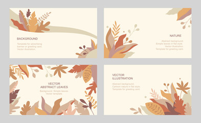 Set of vector abstract cards with leaves and flowers. Horizontal templates for websites, greeting cards and advertising banners. Foliage designs in flat cartoon style.