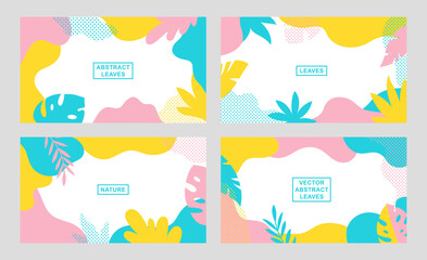 Fototapeta premium Set of vector abstract tropical cards. Horizontal templates for websites, greeting cards, advertising banners. Designs with palm leaves and flowers in flat cartoon style.