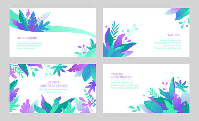 Set of vector abstract cards with leaves and flowers. Horizontal templates for websites, greeting cards and advertising banners. Foliage designs in flat cartoon style.