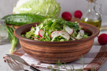 Salad with Chinese cabbage, cucumbers, radishes and chives, dressed with olive oil