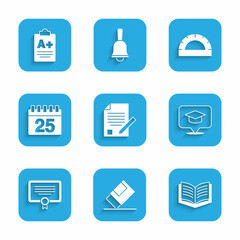 Set Exam sheet and pencil, Eraser or rubber, Open book, Graduation cap in speech bubble, Certificate template, Calendar, Protractor grid and with A plus grade icon. Vector