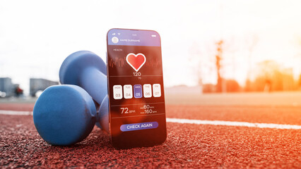 Fitness application. Smartphone screen with sport gym or fitness health mobile application on dumbbell background. Online fitness program.
