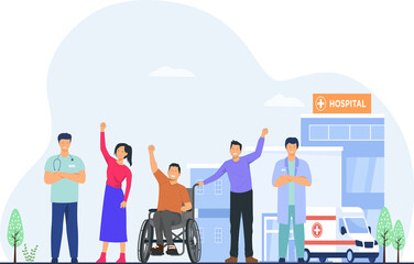 Happy and recovered patient sitting on wheelchair and group of friends including doctors standing while leaving the hospital. Vector illustration.