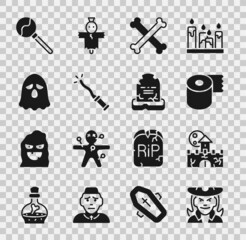 Set Witch, Castle, fortress, Toilet paper roll, Crossed bones, Magic wand, Ghost, Lollipop and Tombstone with RIP written icon. Vector
