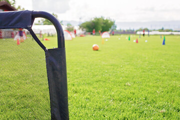 Small gate on the green grass prepared for training in kids football academy. Health and active lifestyle. Popular sport activity