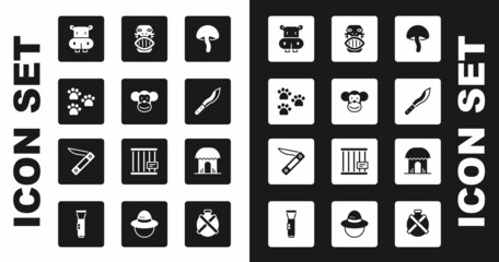 Set Mushroom, Monkey, Paw print, Hippo or Hippopotamus, Machete, Mexican mayan aztec mask, African hut and Swiss army knife icon. Vector