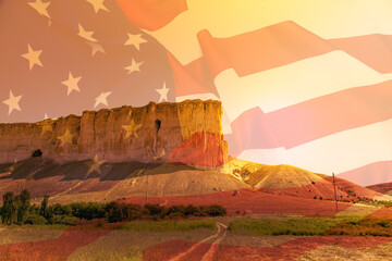 Nature of North America and the American flag. Double exposure.