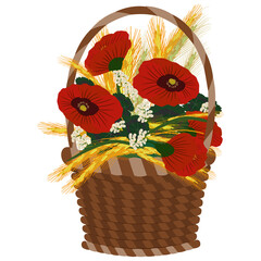 Wicker basket with poppy flowers, wheat ears. Bright 
 summer colors. Vector illustration
